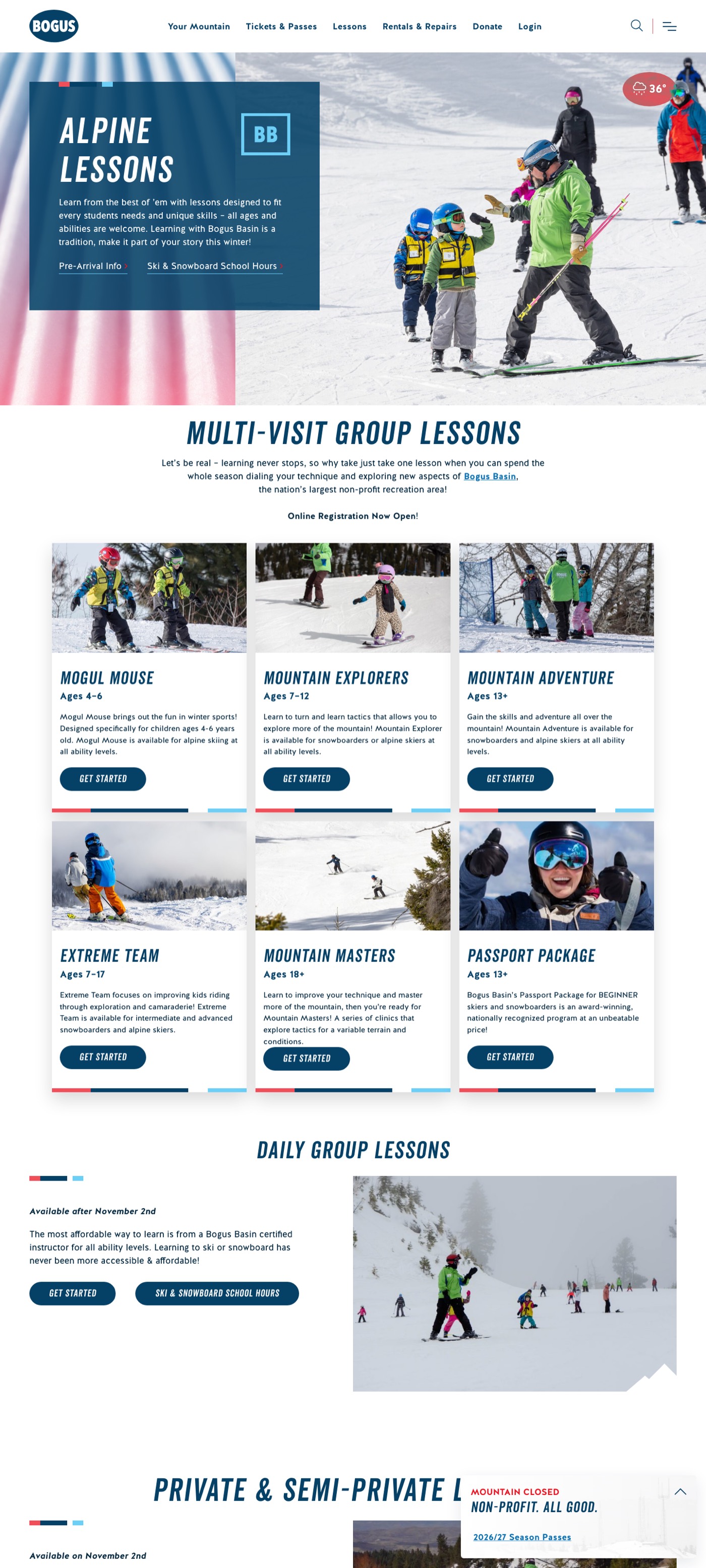 Desktop render of Alpine Lessons: navy hero panel, six program cards with age bands and Get Started buttons, daily group lessons block