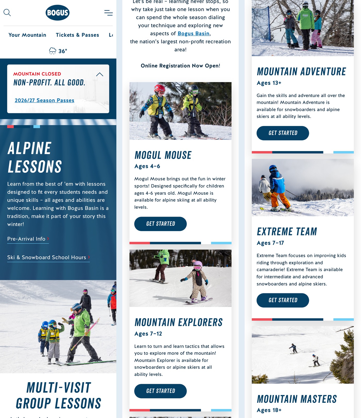 Three strips of Alpine Lessons on a phone: header and Mountain Closed card, navy hero panel, program cards