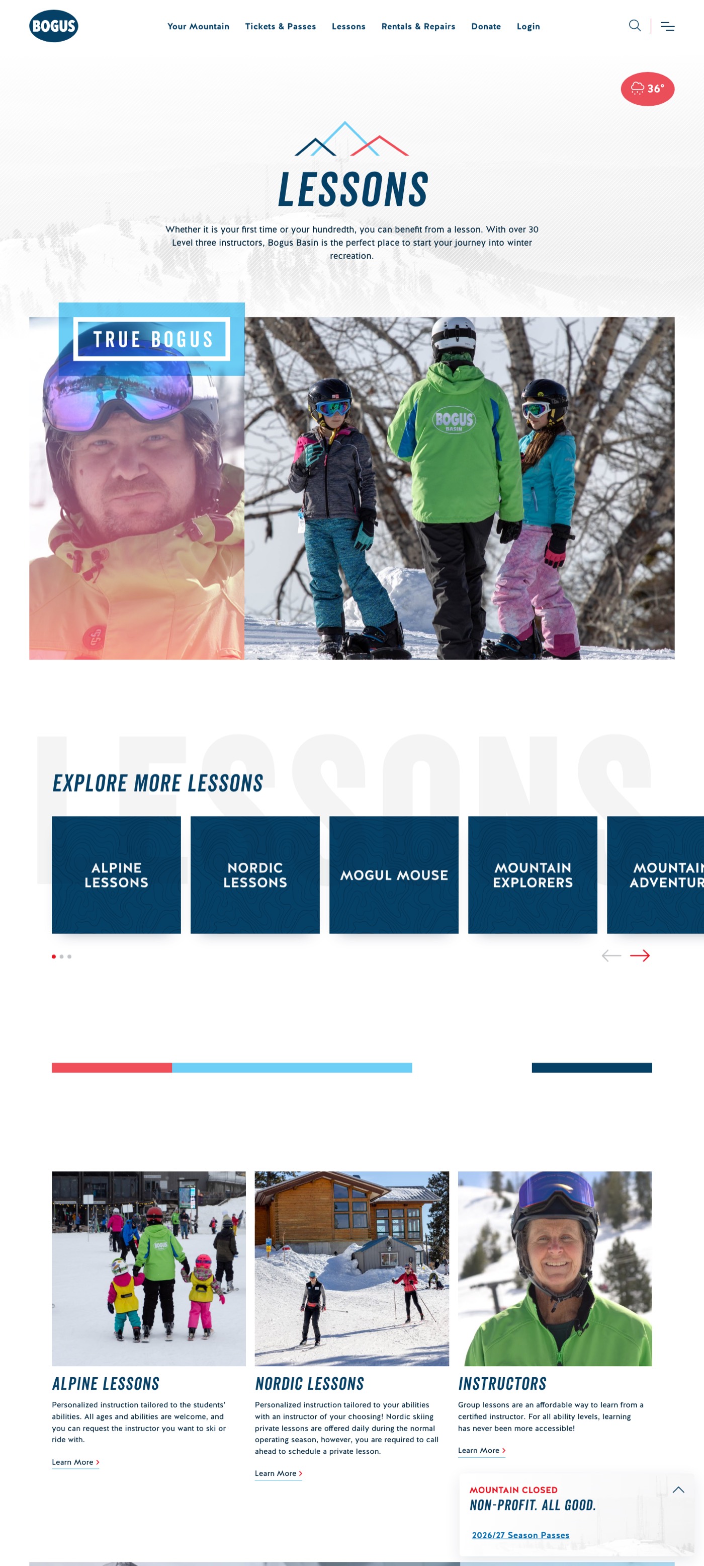 Desktop render of the Bogus Basin Lessons hub: heading, intro, photo band, carousel of navy program cards, three columns for Alpine, Nordic and Instructors