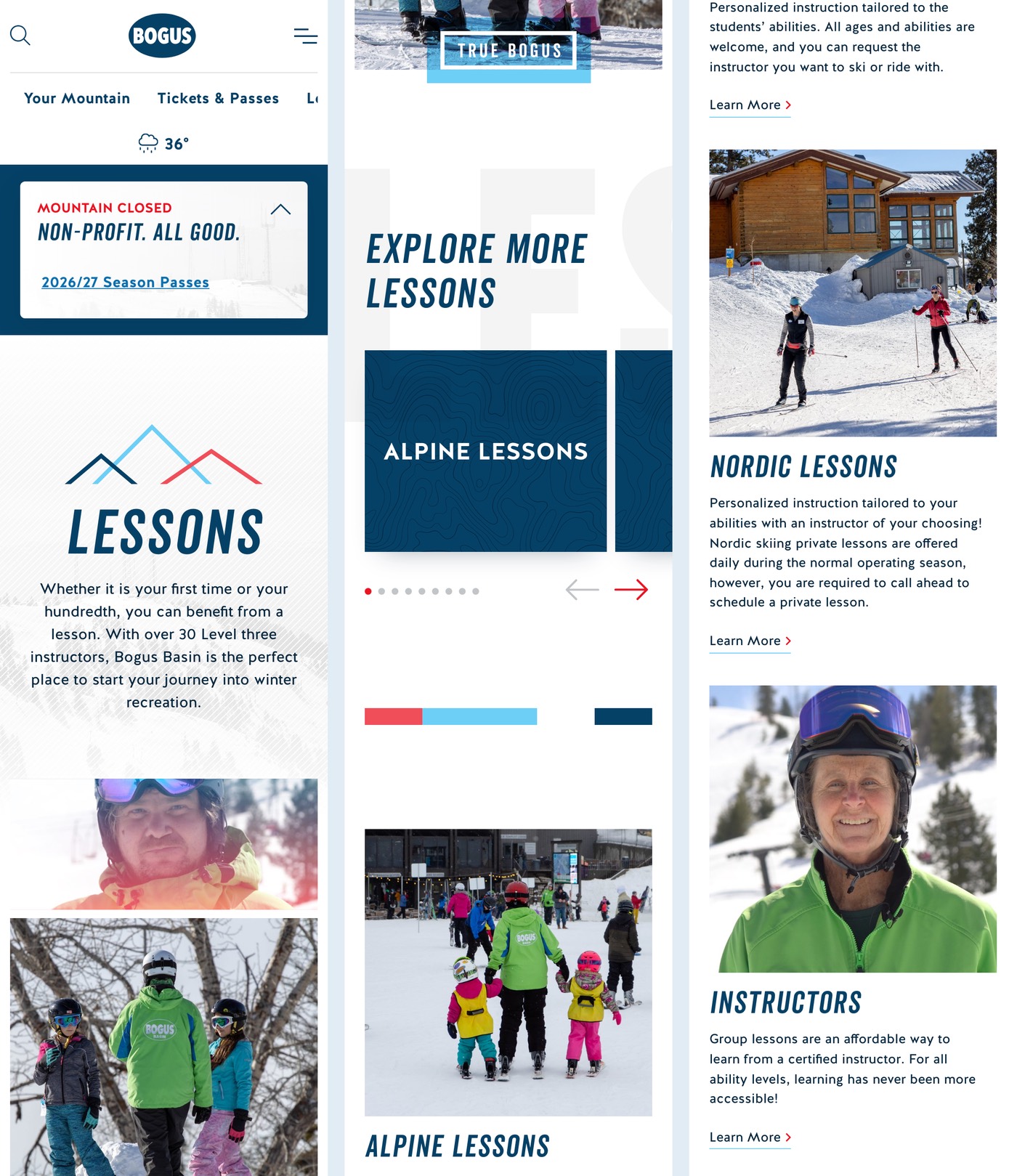 Three strips of the Bogus Basin Lessons hub on a phone: navigation and a Mountain Closed card, intro text with instructor photos, then the Explore More Lessons card row