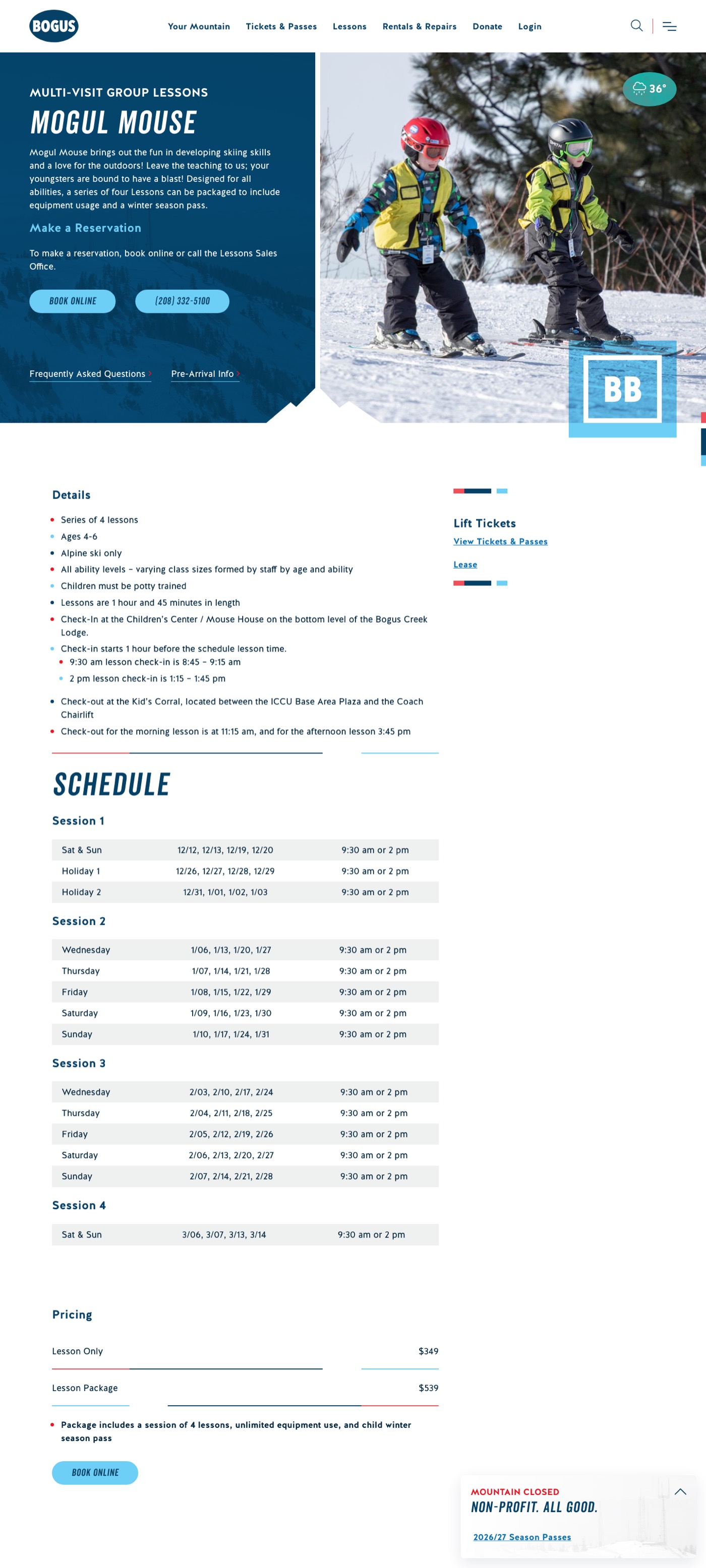 Mogul Mouse program page: hero with Book Online button, details list, schedule tables by session, pricing table with lesson only and lesson package