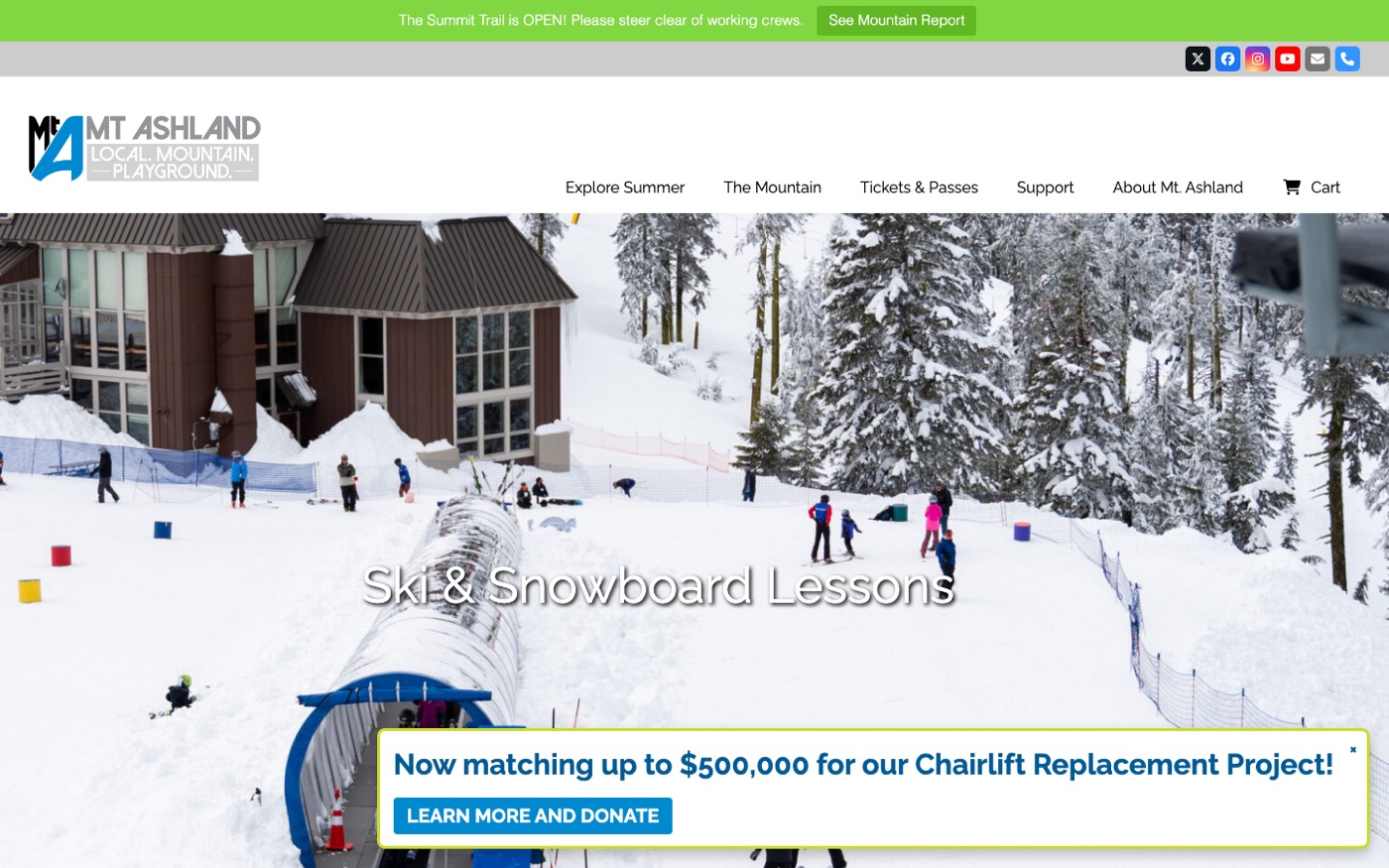 Mt. Ashland lessons page, first screen: snow play area photo and heading