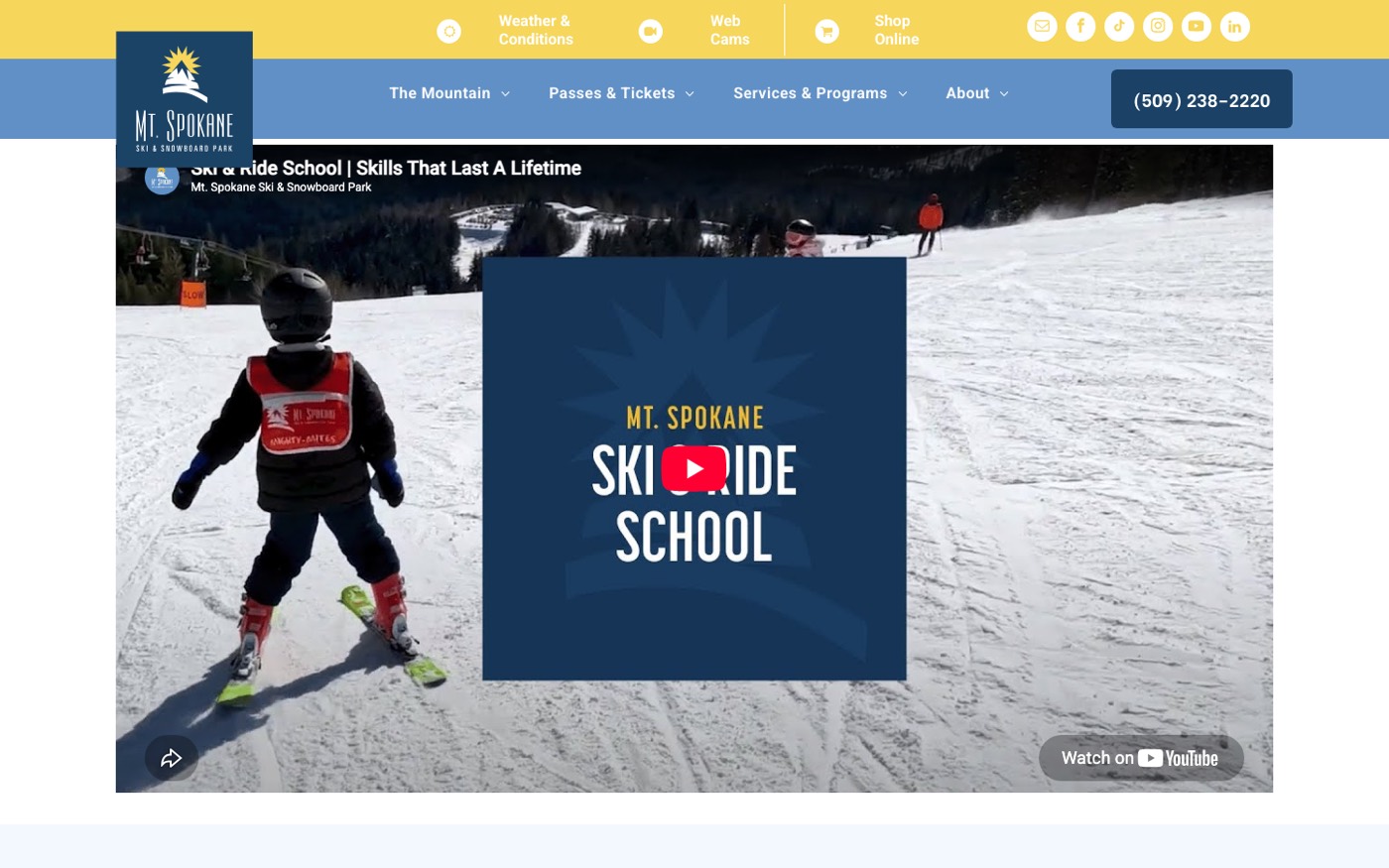 Mt. Spokane lessons page, first screen: ski school video and phone number button